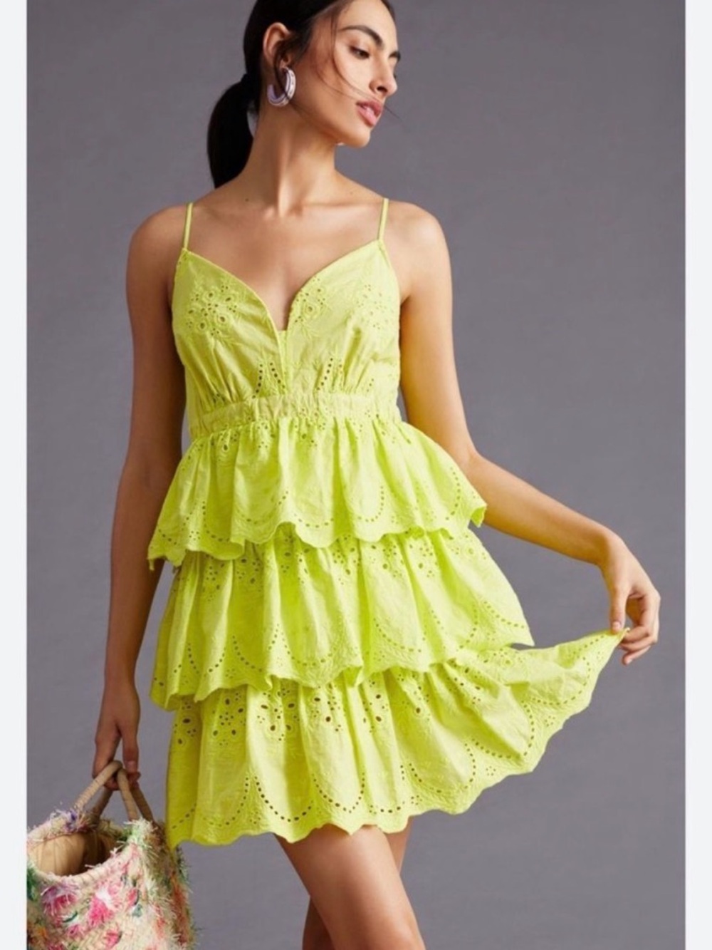 Anthropologie Hope For Flowers Tiered Eyelet Spaghetti-Strap Mini Dress